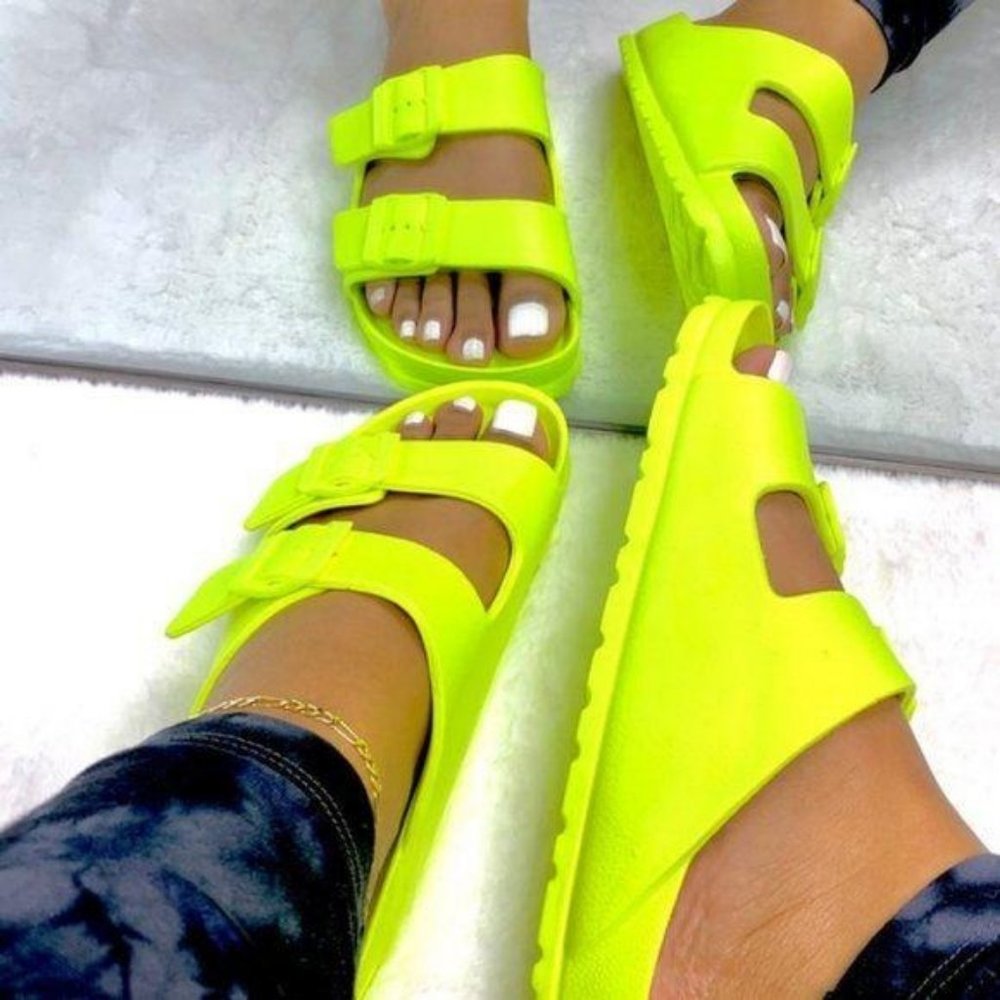 !!RESTOCKED!! Comfy Buckle Sandals in Neon Yellow - Picture 2 of 9
